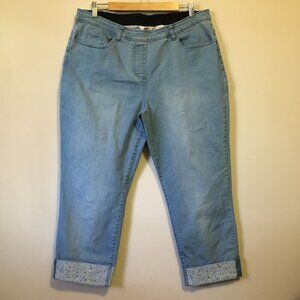 Alia Light Blue Rhinestone Cuffed Capri With Banded Waist